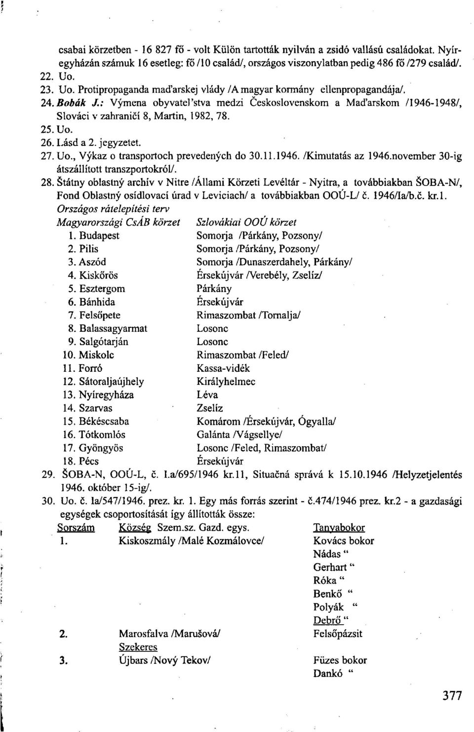 25. Uo. 26. Lásd a 2. jegyzetet. 27. Uo., Vykaz o transportoch prevedenych do 30.11.1946. /Kimutatás az 1946.november 30-ig átszállított transzportokról/. 28.