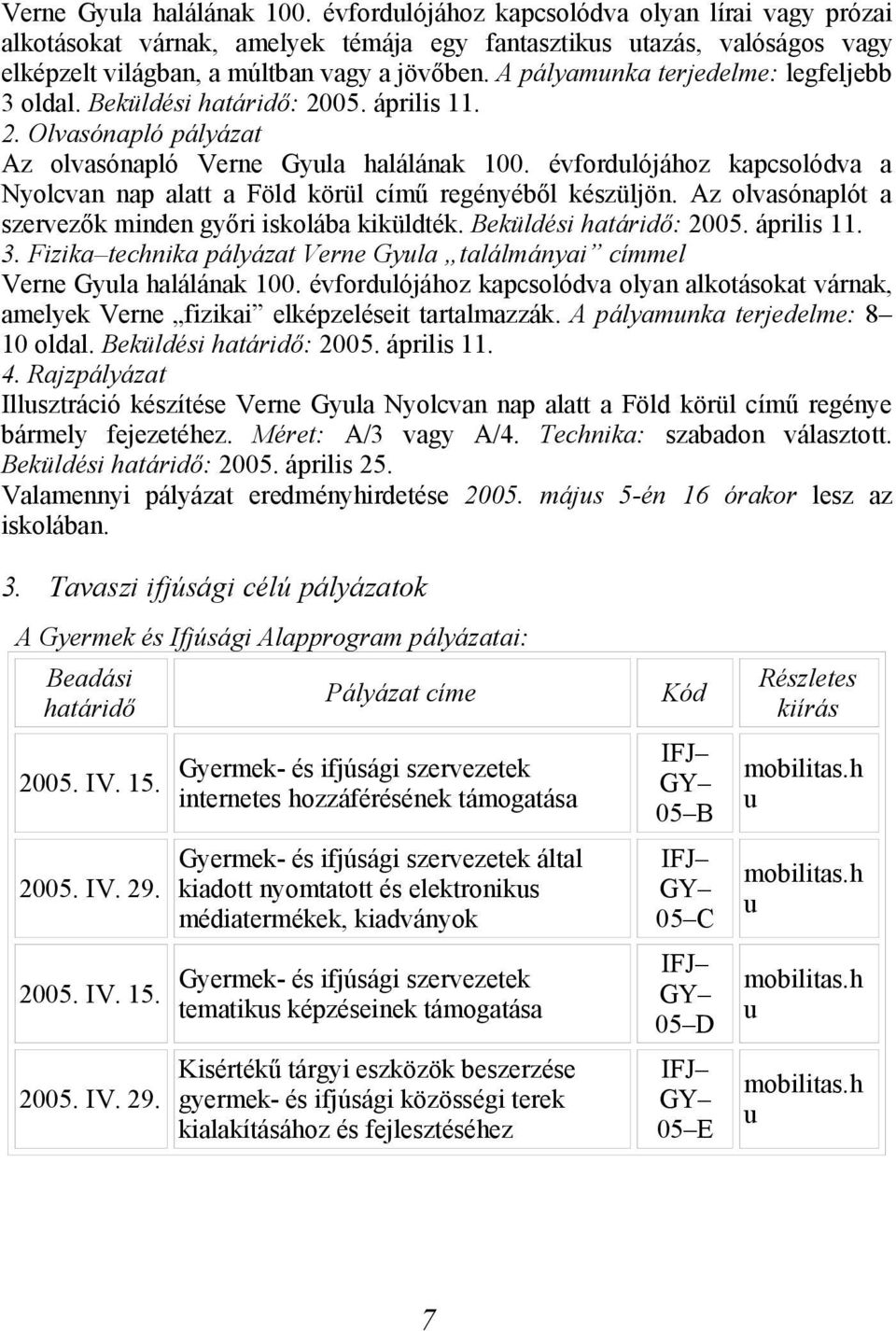 évfordulójához kapcsolódva a Nyolcvan nap alatt a Föld körül című regényéből készüljön. Az olvasónaplót a szervezők minden győri iskolába kiküldték. Beküldési határidő: 2005. április 11. 3.