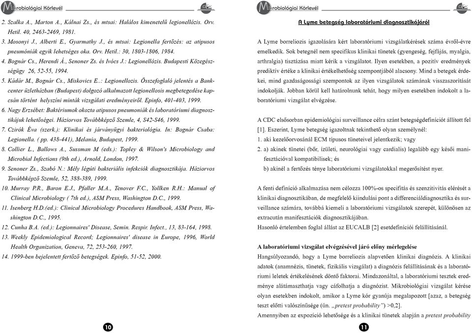 Budapesti Közegészségügy 26, 52-55, 1994. 5. Kádár M., Bognár Cs., Miskovics E..: Legionellozis.