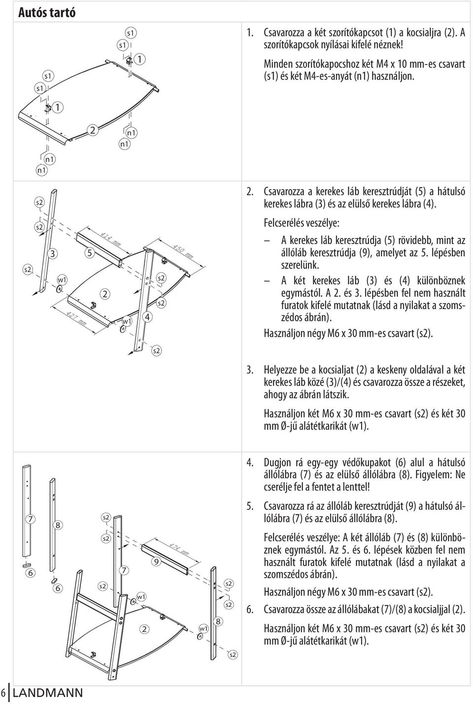 Csavarozza a kerekes láb keresztrúdját (5) a hátulsó kerekes lábra (3) és az elülső kerekes lábra (4).