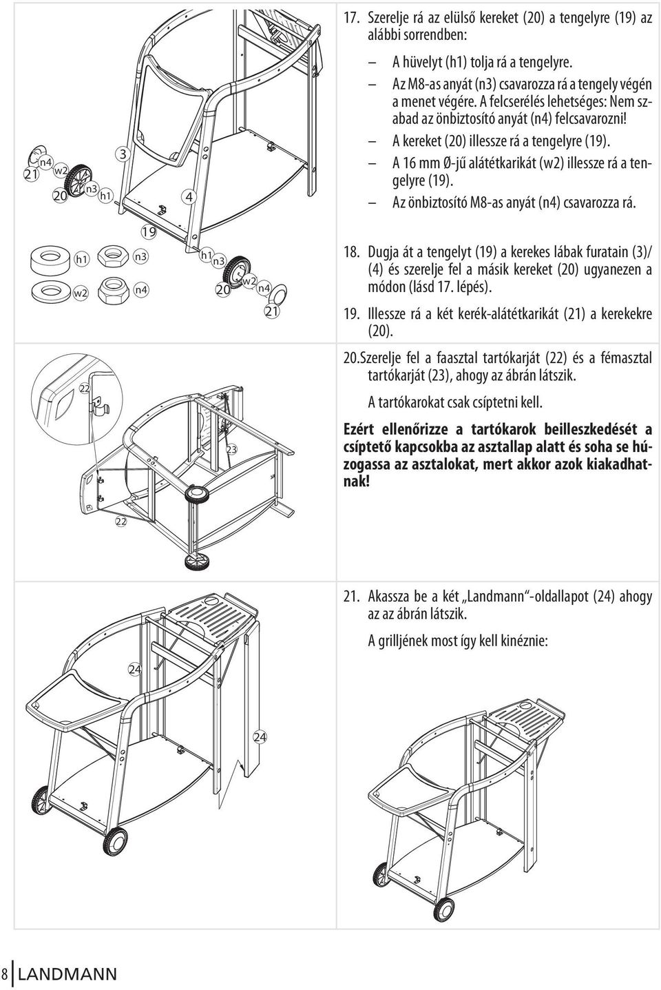 A 1 mm Ø-jű alátétkarikát (w2) illessze rá a tengelyre (19). Az önbiztosító M8-as anyát (n4) csavarozza rá. h1 w2 22 n3 n4 19 h1 n3 w2 20 n4 21 23 18.