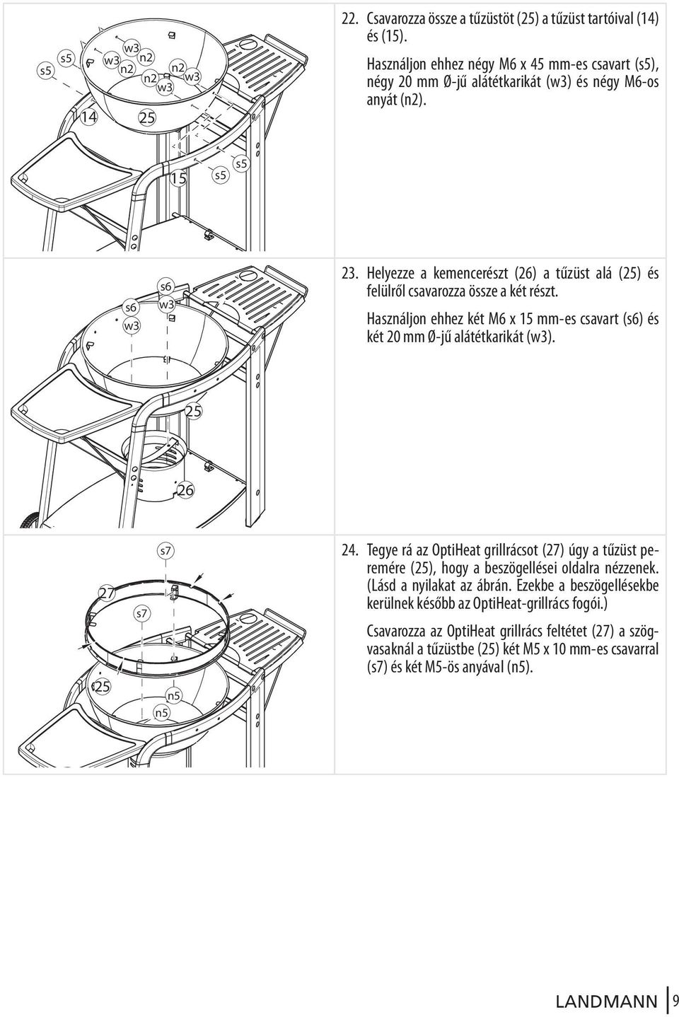 Helyezze a kemencerészt (2) a tűzüst alá (25) és felülről csavarozza össze a két részt. Használjon ehhez két M x 15 mm-es csavart (s) és két 20 mm Ø-jű alátétkarikát (w3).