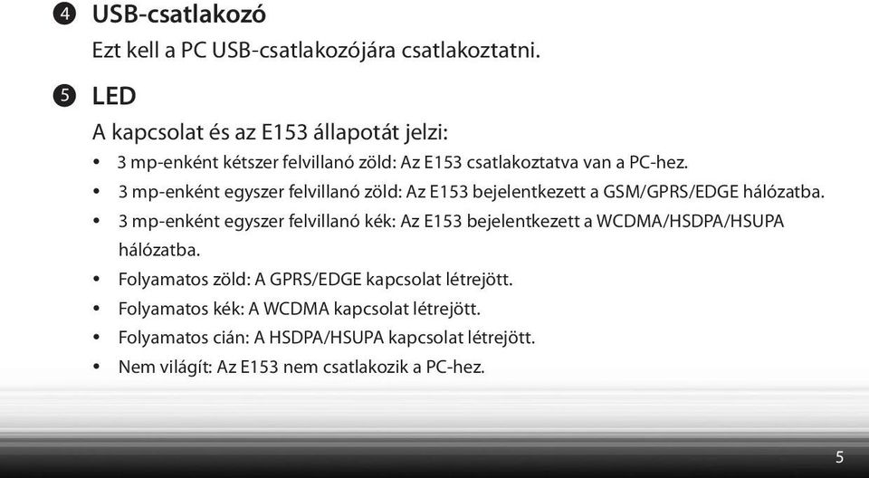 3 mp-enként egyszer felvillanó zöld: Az E153 bejelentkezett a GSM/GPRS/EDGE hálózatba.