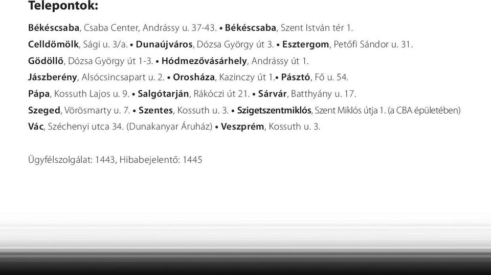 Pásztó, Fő u. 54. Pápa, Kossuth Lajos u. 9. Salgótarján, Rákóczi út 21. Sárvár, Batthyány u. 17. Szeged, Vörösmarty u. 7. Szentes, Kossuth u. 3.