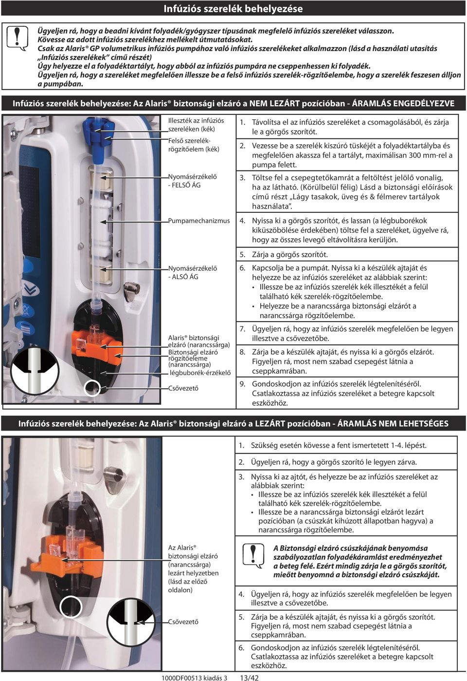 infúziós pumpára ne cseppenhessen ki folyadék. Ügyeljen rá, hogy a szereléket megfelelően illessze be a felső infúziós szerelék-rögzítőelembe, hogy a szerelék feszesen álljon a pumpában.