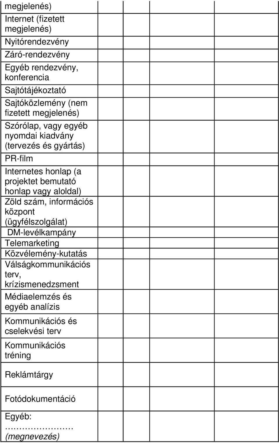 aloldal) Zöld szám, információs központ (ügyfélszolgálat) DM-levélkampány Telemarketing Közvélemény-kutatás Válságkommunikációs terv,