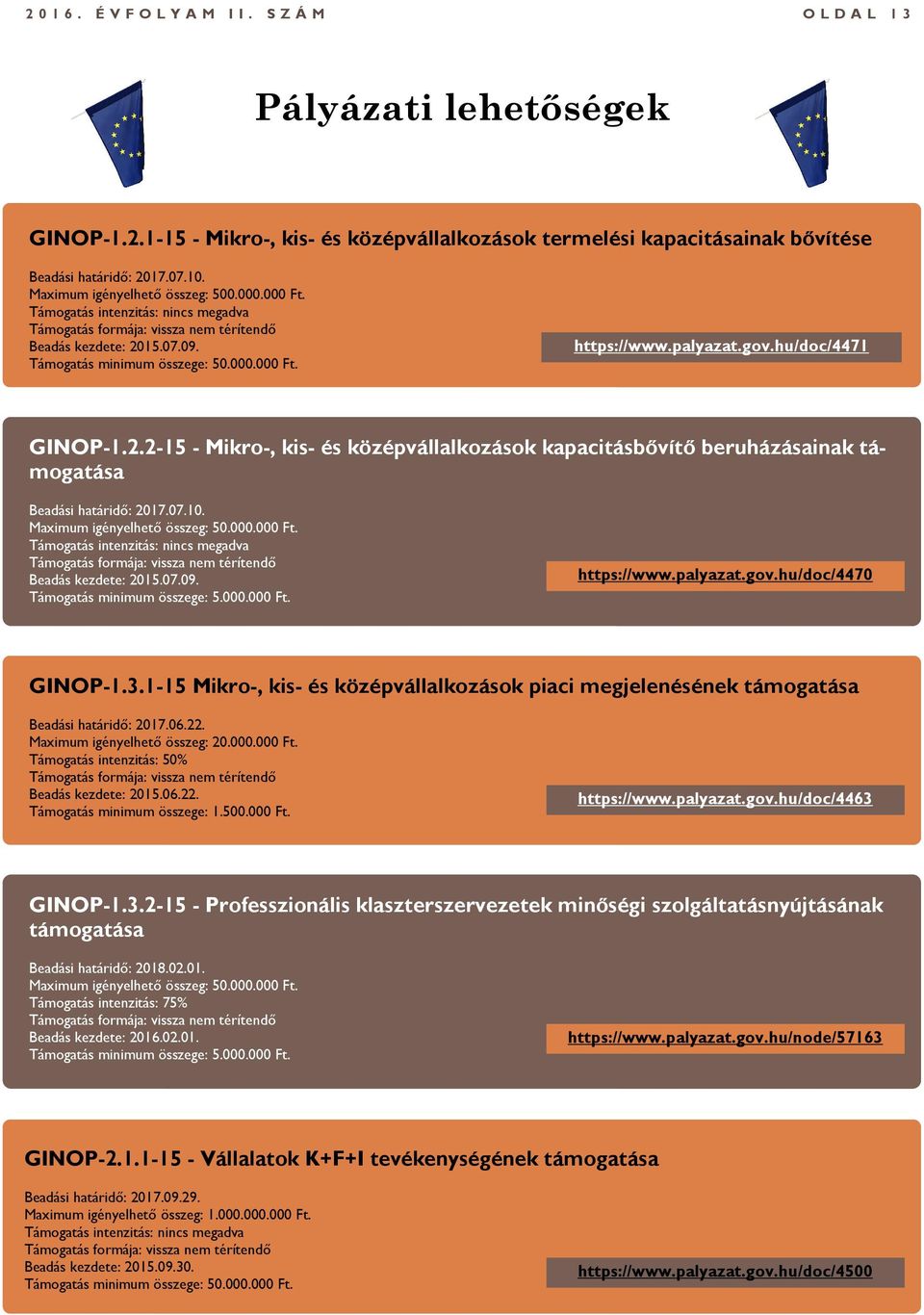 palyazat.gov.hu/doc/4471 GINOP-1.2.2-15 - Mikro-, kis- és középvállalkozások kapacitásbővítő beruházásainak támogatása Beadási határidő: 2017.07.10. Maximum igényelhető összeg: 50.000.000 Ft.