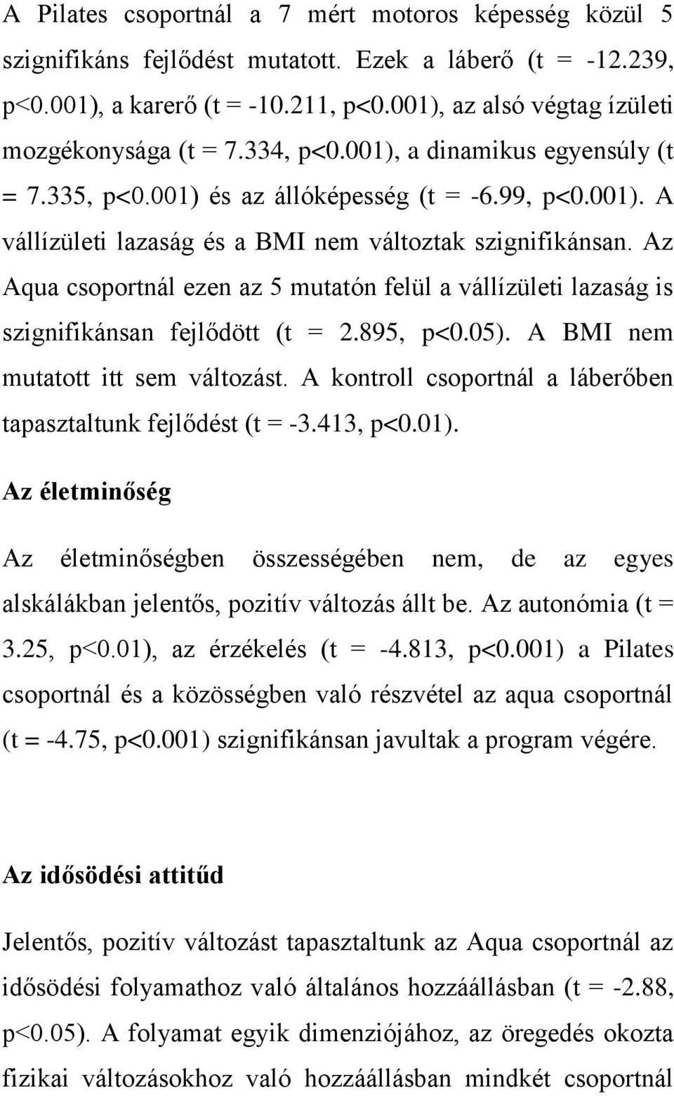 Az Aqua csoportnál ezen az 5 mutatón felül a vállízületi lazaság is szignifikánsan fejlődött (t = 2.895, p<0.05). A BMI nem mutatott itt sem változást.