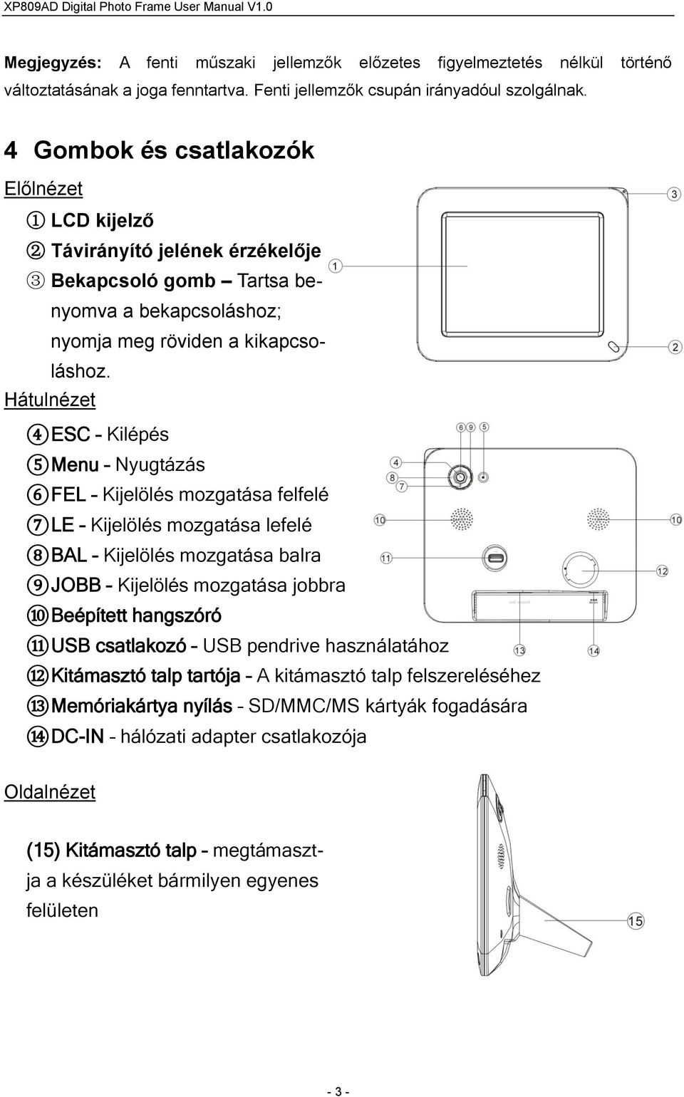 Hátulnézet 4 ESC Kilépés 5 Menu Nyugtázás 6 FEL Kijelölés mozgatása felfelé 7 LE Kijelölés mozgatása lefelé 8 BAL Kijelölés mozgatása balra 9 JOBB Kijelölés mozgatása jobbra 10 Beépített hangszóró 11