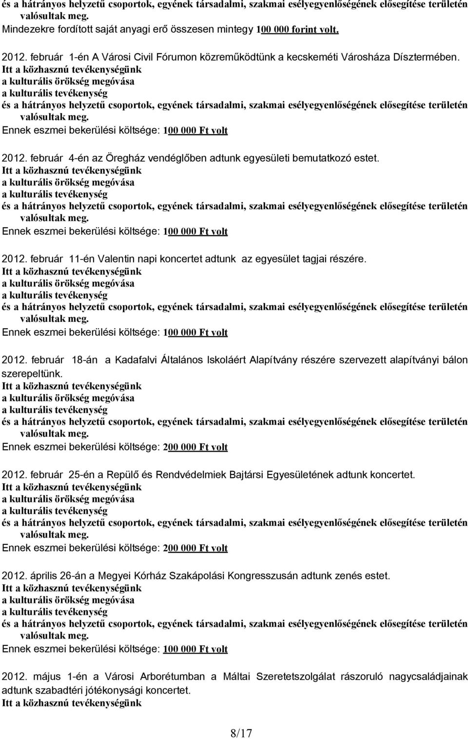 február 11-én Valentin napi koncertet adtunk az egyesület tagjai részére. Ennek eszmei bekerülési költsége: 1 Ft volt 212.