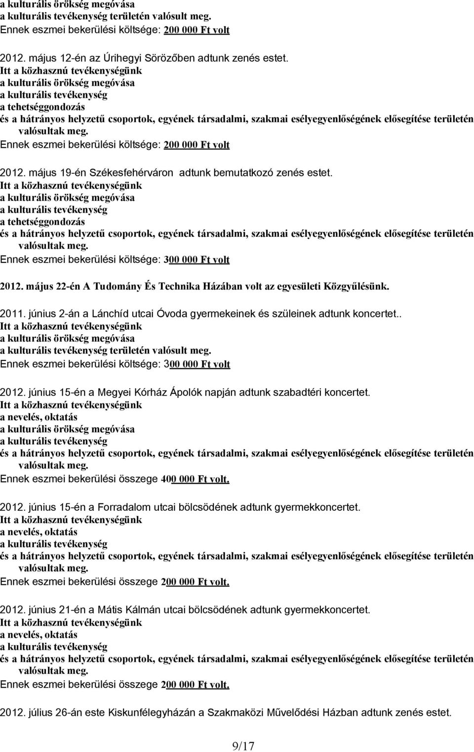 június 2-án a Lánchíd utcai Óvoda gyermekeinek és szüleinek adtunk koncertet.. területén valósult meg. Ennek eszmei bekerülési költsége: 3 Ft volt 212.