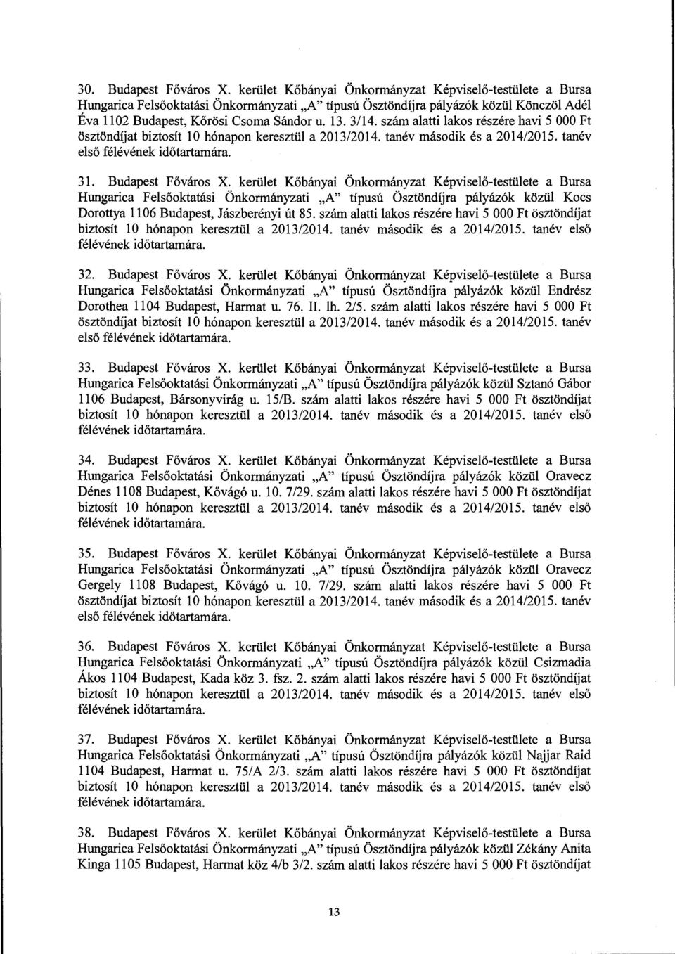 szám alatti lakos rzére havi 5 OOO Ft ösztöndíjat biztosít 10 hónapon keresztül a 2013/2014. tanév második a 2014/2015. tanév első 31. Budapest Főváros X.