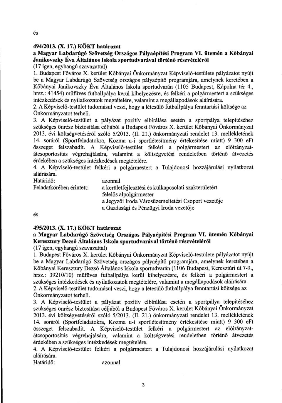 kerület Kőbányai Önkormányzat Képviselő-testülete pályázatot nyújt be a Magyar Labdarúgó Szövetség országos pályaépítő programjára, amelynek keretében a Kőbányai Janikovszky Éva Általános Iskola