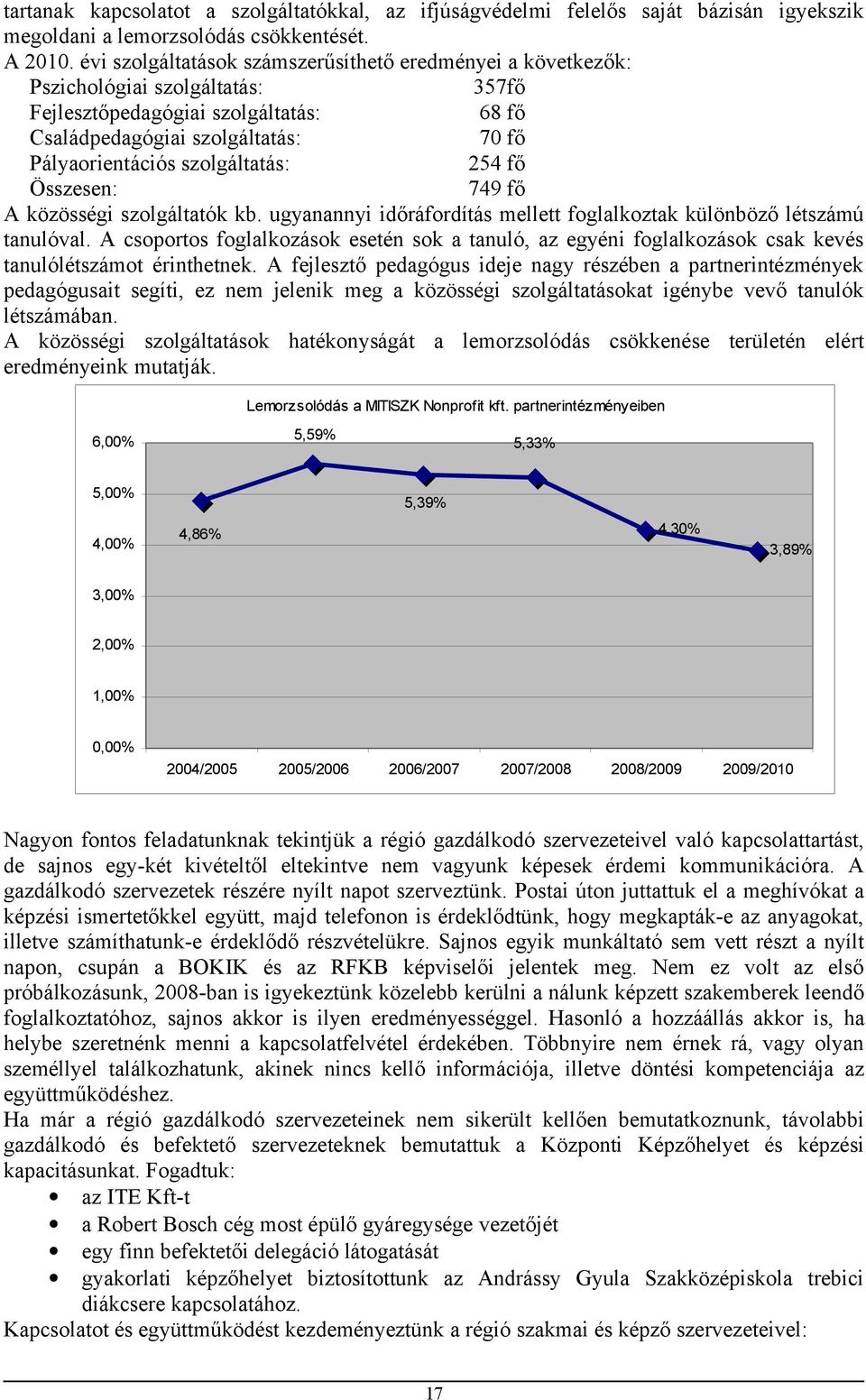 szolgáltatás: 254 fő Összesen: 749 fő A közösségi szolgáltatók kb. ugyanannyi időráfordítás mellett foglalkoztak különböző létszámú tanulóval.