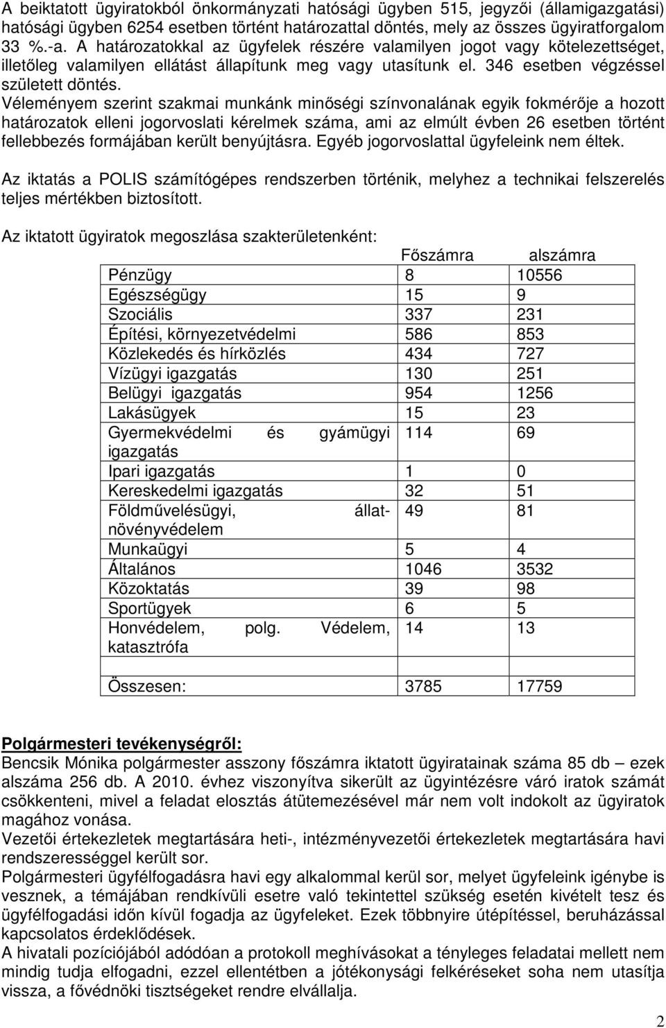 Véleményem szerint szakmai munkánk minőségi színvonalának egyik fokmérője a hozott határozatok elleni jogorvoslati kérelmek száma, ami az elmúlt évben 26 esetben történt fellebbezés formájában került