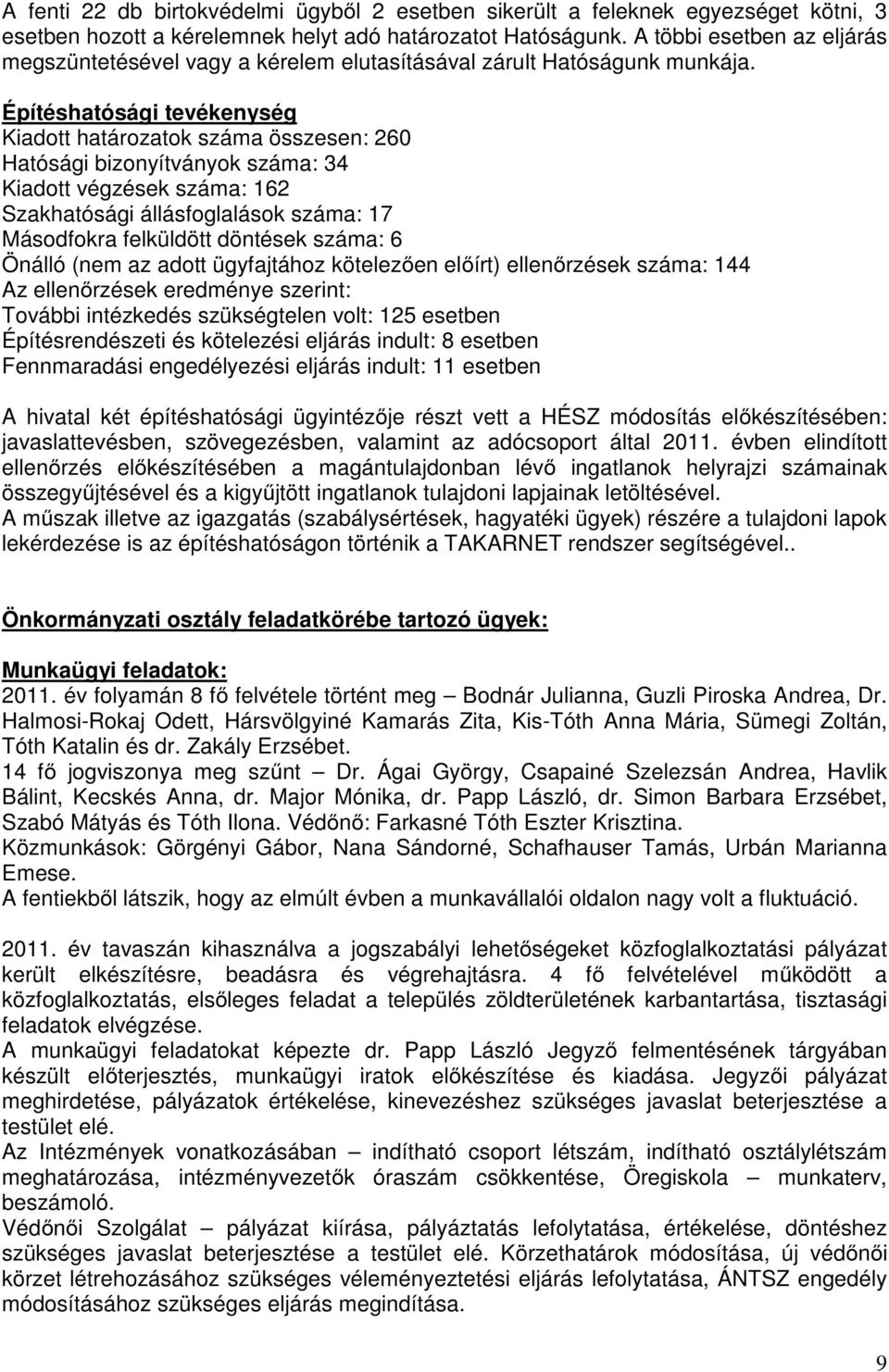 Építéshatósági tevékenység Kiadott határozatok száma összesen: 260 Hatósági bizonyítványok száma: 34 Kiadott végzések száma: 162 Szakhatósági állásfoglalások száma: 17 Másodfokra felküldött döntések