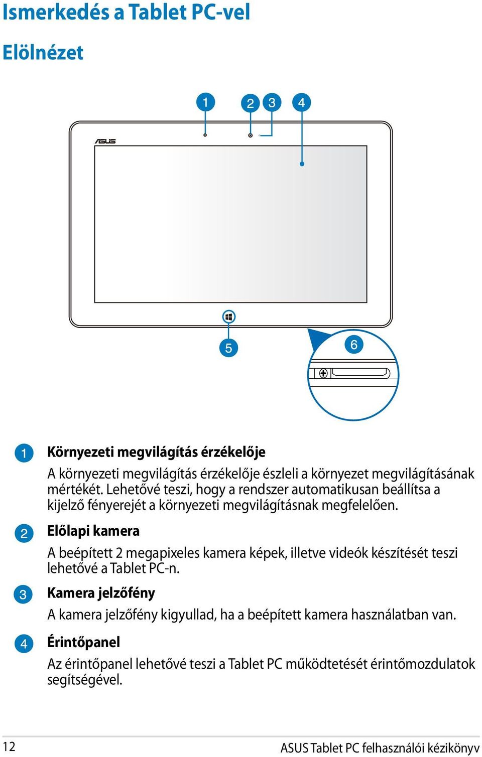 Előlapi kamera A beépített 2 megapixeles kamera képek, illetve videók készítését teszi lehetővé a Tablet PC-n.