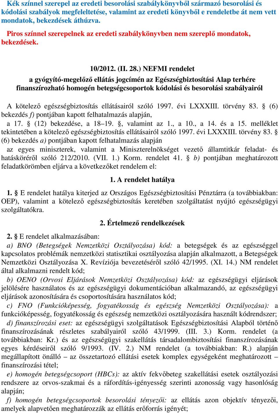 ) NEFMI rendelet a gyógyító-megelızı ellátás jogcímén az Egészségbiztosítási Alap terhére finanszírozható homogén betegségcsoportok kódolási és besorolási szabályairól A kötelezı egészségbiztosítás