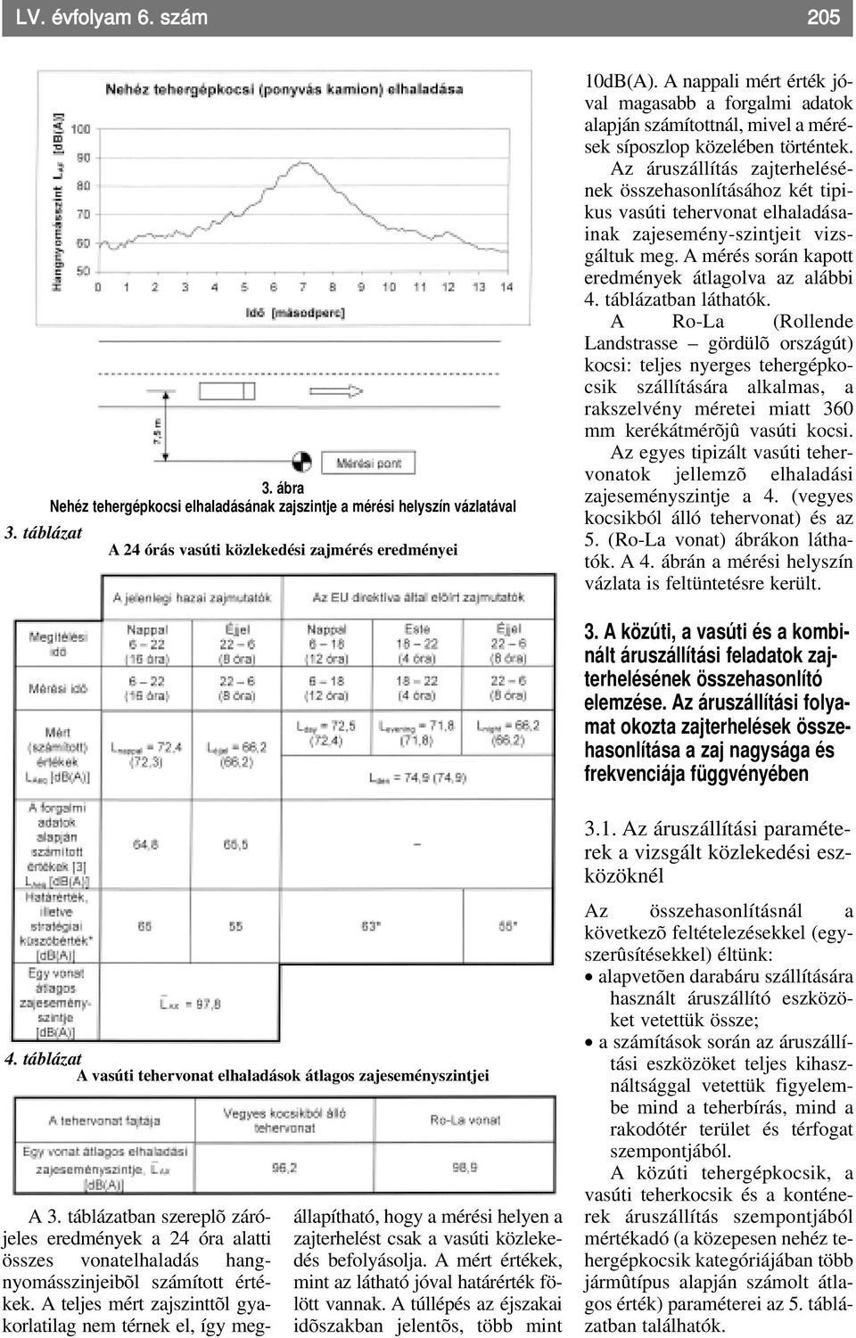 Az áruszállítás zajterhelésének összehasonlításához két tipikus vasúti tehervonat elhaladásainak zajesemény-szintjeit vizsgáltuk meg. A mérés során kapott eredmények átlagolva az alábbi 4.