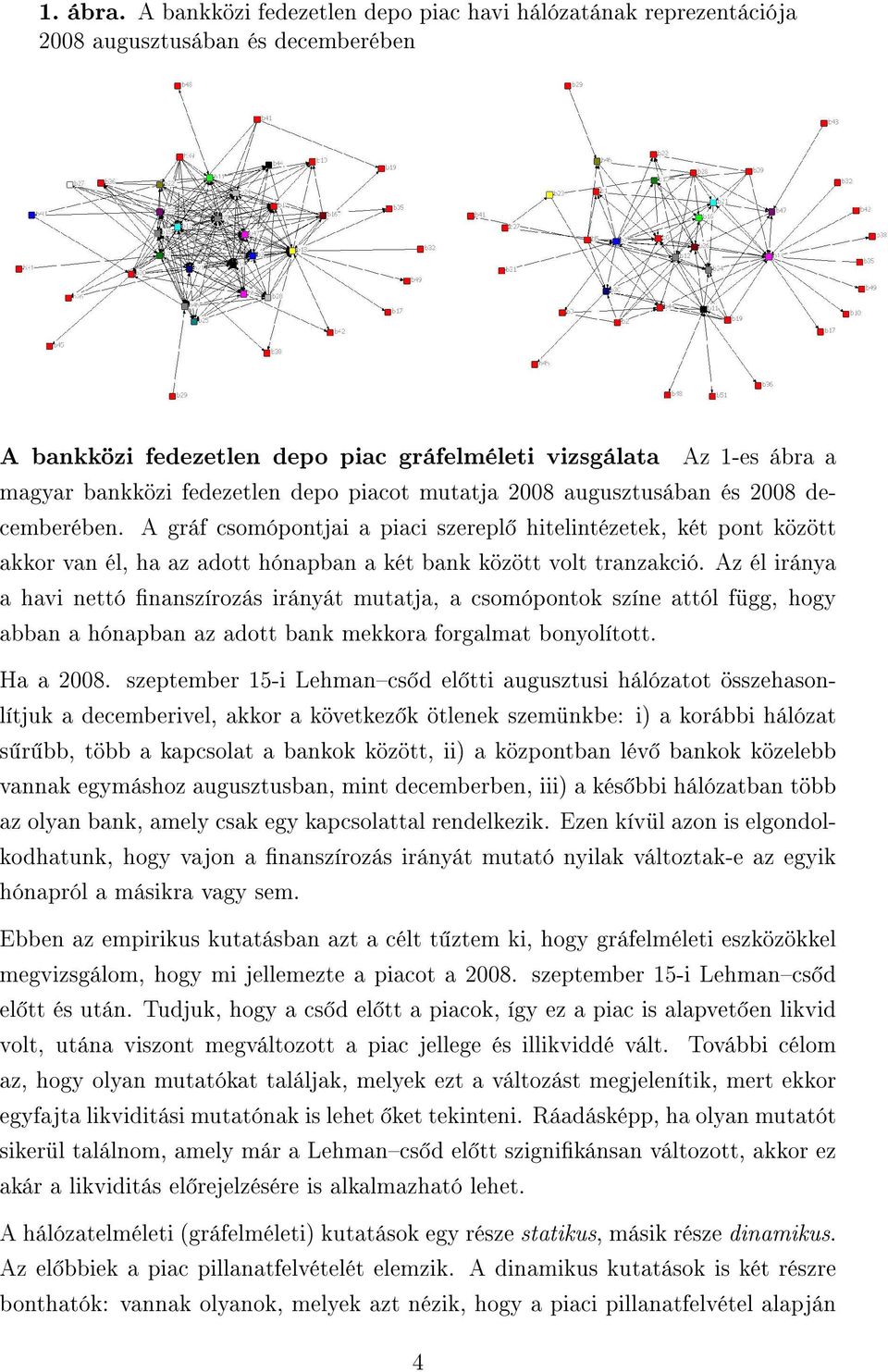 depo piacot mutatja 2008 augusztusában és 2008 decemberében. A gráf csomópontjai a piaci szerepl hitelintézetek, két pont között akkor van él, ha az adott hónapban a két bank között volt tranzakció.