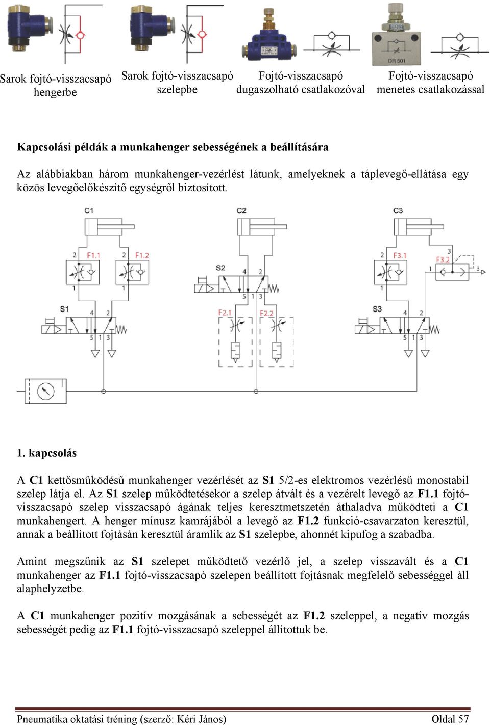 kapcsolás A C1 kettősműködésű munkahenger vezérlését az S1 5/2-es elektromos vezérlésű monostabil szelep látja el. Az S1 szelep működtetésekor a szelep átvált és a vezérelt levegő az F1.