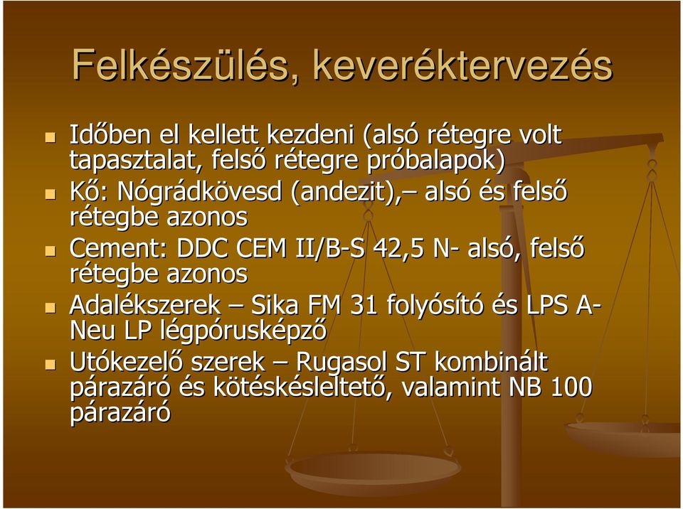 II/B-S S 42,5 N-N alsó, felső rétegbe azonos Adalékszerek Sika FM 31 folyósító és LPS A- Neu LP