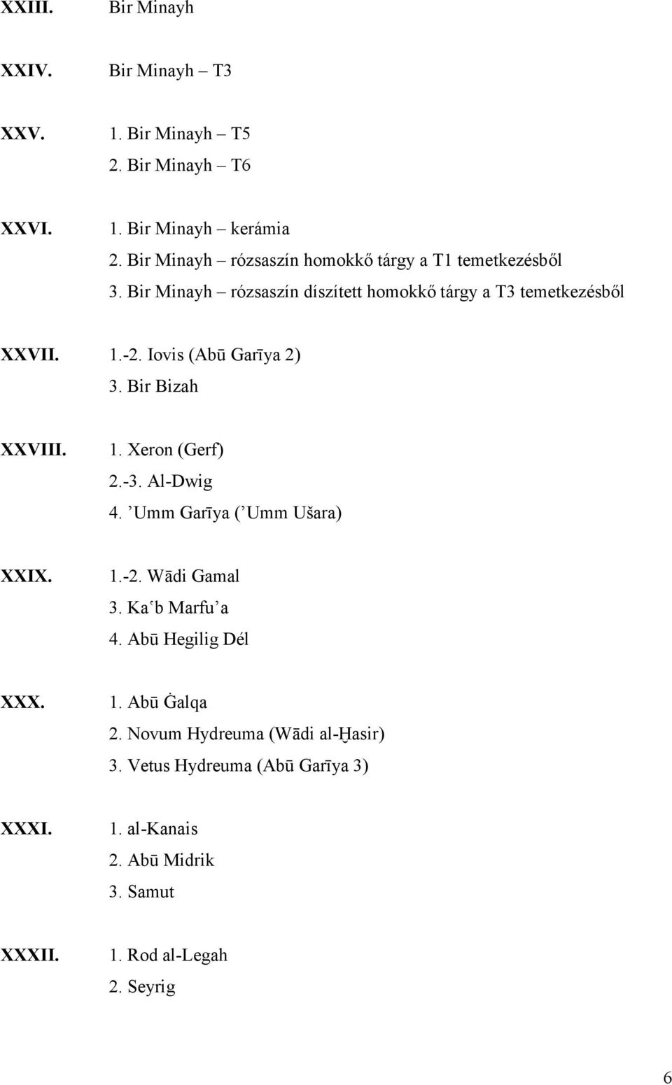 Iovis (Abū Garīya 2) 3. Bir Bizah XXVIII. 1. Xeron (Gerf) 2.-3. Al-Dwig 4. Umm Garīya ( Umm Ušara) XXIX. 1.-2. Wādi Gamal 3. Kaʽb Marfu a 4.