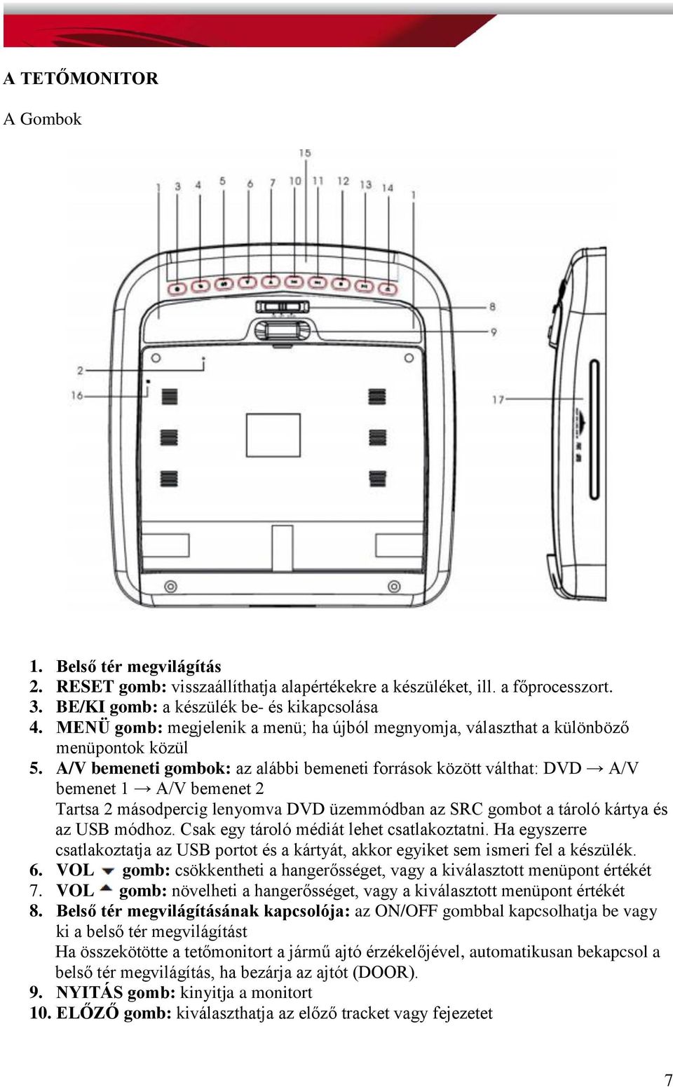 A/V bemeneti gombok: az alábbi bemeneti források között válthat: DVD A/V bemenet 1 A/V bemenet 2 Tartsa 2 másodpercig lenyomva DVD üzemmódban az SRC gombot a tároló kártya és az USB módhoz.