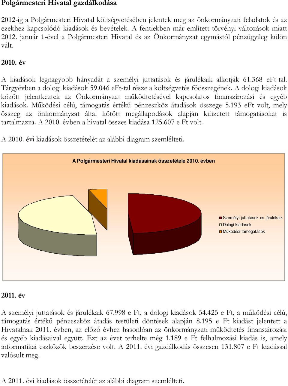 368 eft-tal. Tárgyévben a dologi kiadások 59.46 eft-tal része a költségvetés főösszegének.