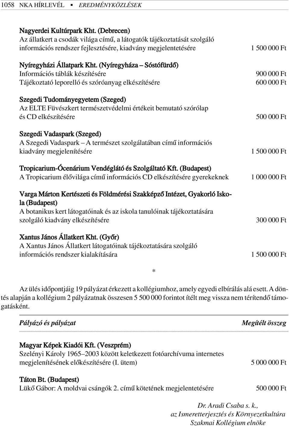 (Nyíregyháza Sóstófürdõ) Információs táblák készítésére Tájékoztató leporelló és szóróanyag elkészítésére Szegedi Tudományegyetem (Szeged) Az ELTE Füvészkert természetvédelmi értékeit bemutató