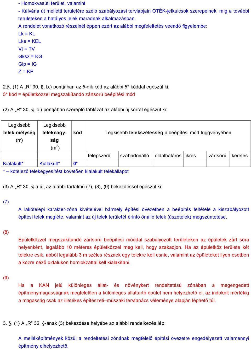 ) pontjában az 5-dik kód az alábbi 5* kóddal egészül ki. 5* kód = épületközzel megszakítandó zártsorú beépítési mód (2) A R 30.. c.