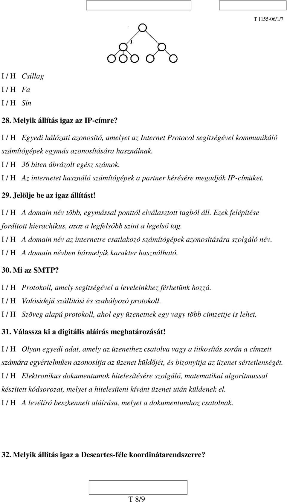 I / H Az internetet használó számítógépek a partner kérésére megadják IP-címüket. 29. Jelölje be az igaz állítást! I / H A domain név több, egymással ponttól elválasztott tagból áll.