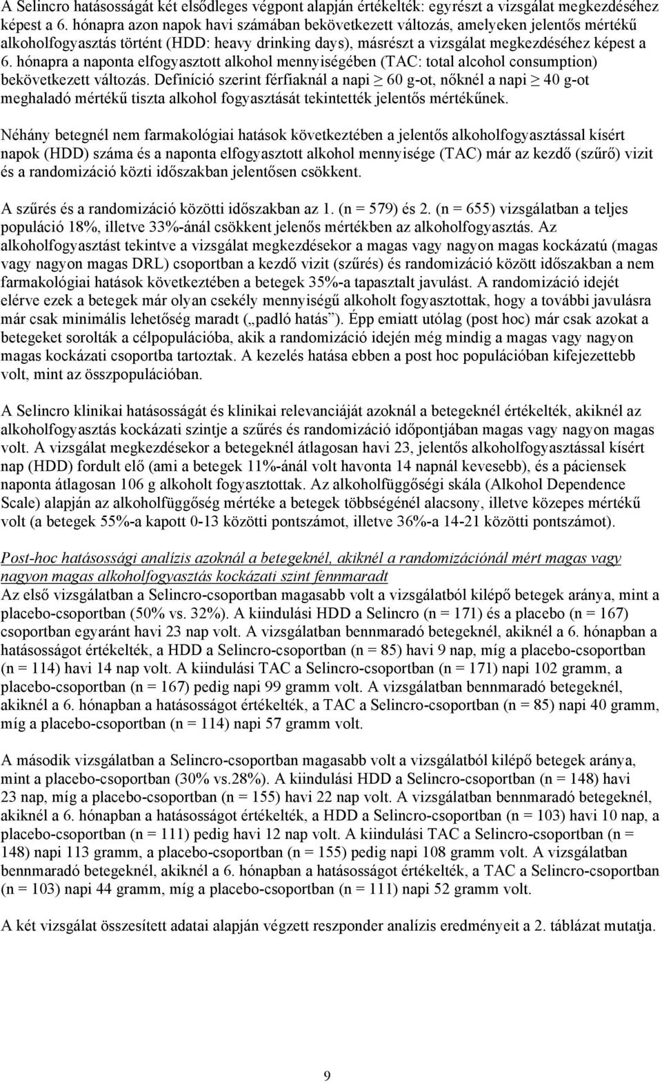 hónapra a naponta elfogyasztott alkohol mennyiségében (TAC: total alcohol consumption) bekövetkezett változás.