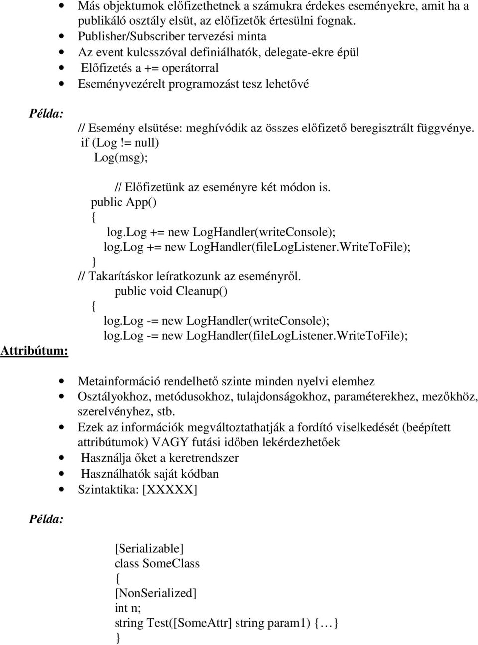 elsütése: meghívódik az összes előfizető beregisztrált függvénye. if (Log!= null) Log(msg); // Előfizetünk az eseményre két módon is. public App() log.log += new LogHandler(writeConsole); log.