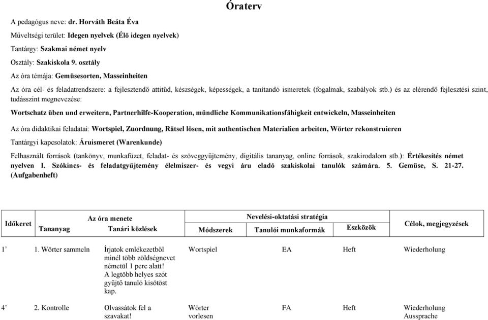 ) és az elérendő fejlesztési szint, tudásszint megnevezése: Wortschatz üben und erweitern, Partnerhilfe-Kooperation, mündliche Kommunikationsfähigkeit entwickeln, Masseinheiten Az óra didaktikai