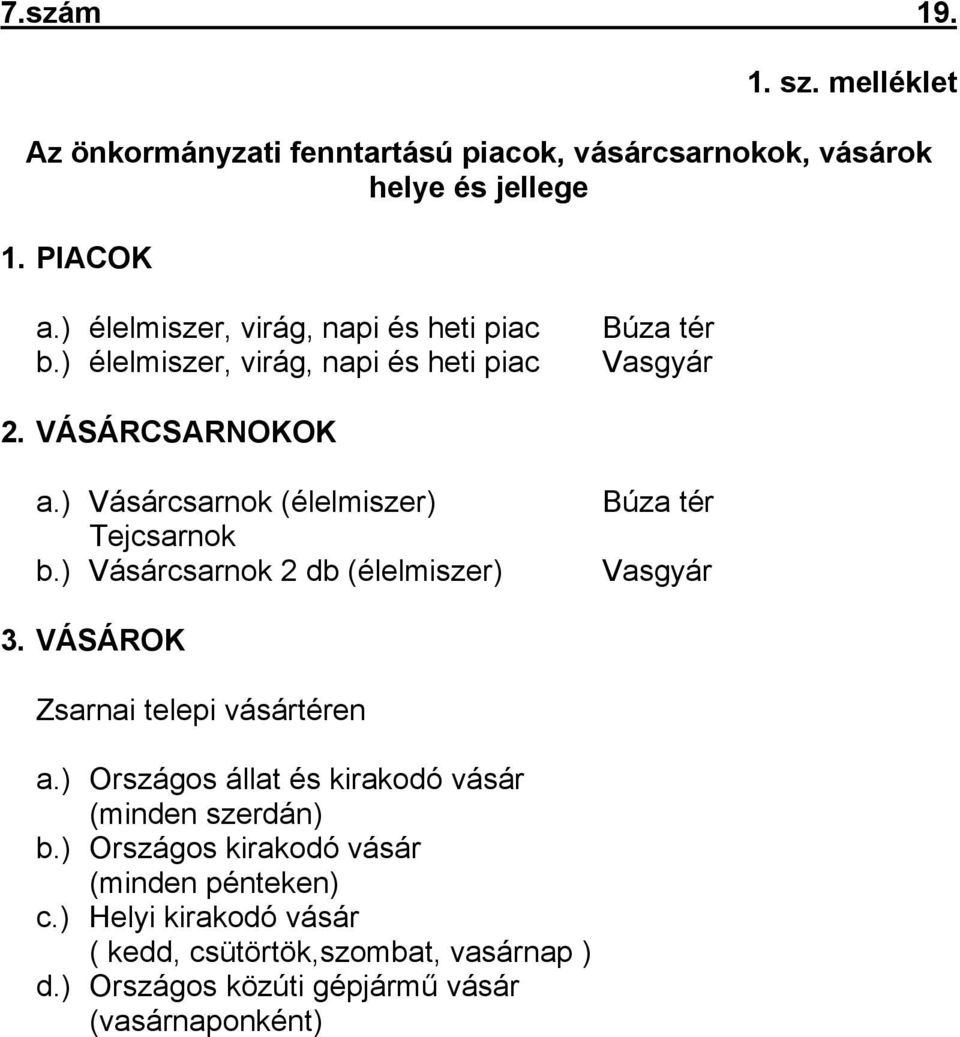 ) Vásárcsarnok (élelmiszer) Tejcsarnok b.) Vásárcsarnok 2 db (élelmiszer) Búza tér Vasgyár 3. VÁSÁROK Zsarnai telepi vásártéren a.