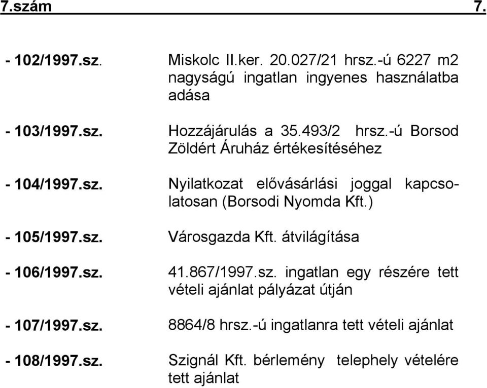 ) - 105/1997.sz. Városgazda Kft. átvilágítása - 106/1997.sz. 41.867/1997.sz. ingatlan egy részére tett vételi ajánlat pályázat útján - 107/1997.