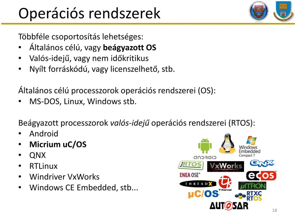 Általános célú processzorok operációs rendszerei (OS): MS-DOS, Linux, Windows stb.