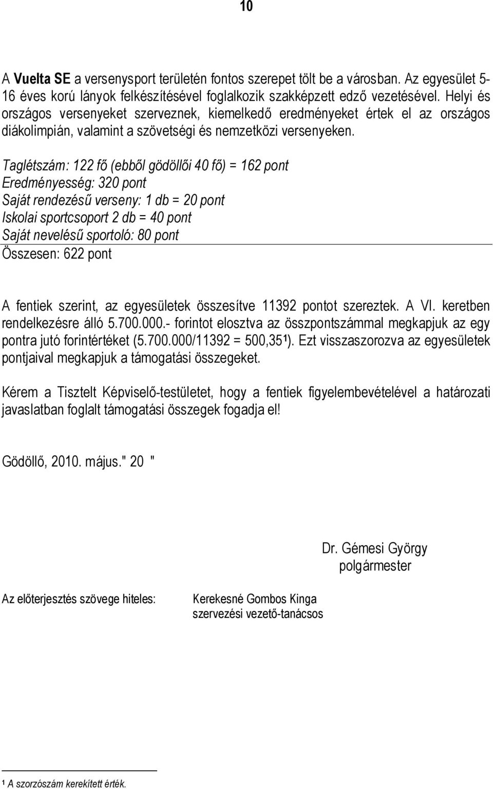 Taglétszám: 122 fő (ebből gödöllői 40 fő) = 162 pont Eredményesség: 320 pont Saját rendezésű verseny: 1 db = 20 pont Iskolai sportcsoport 2 db = 40 pont Saját nevelésű sportoló: 80 pont Összesen: 622