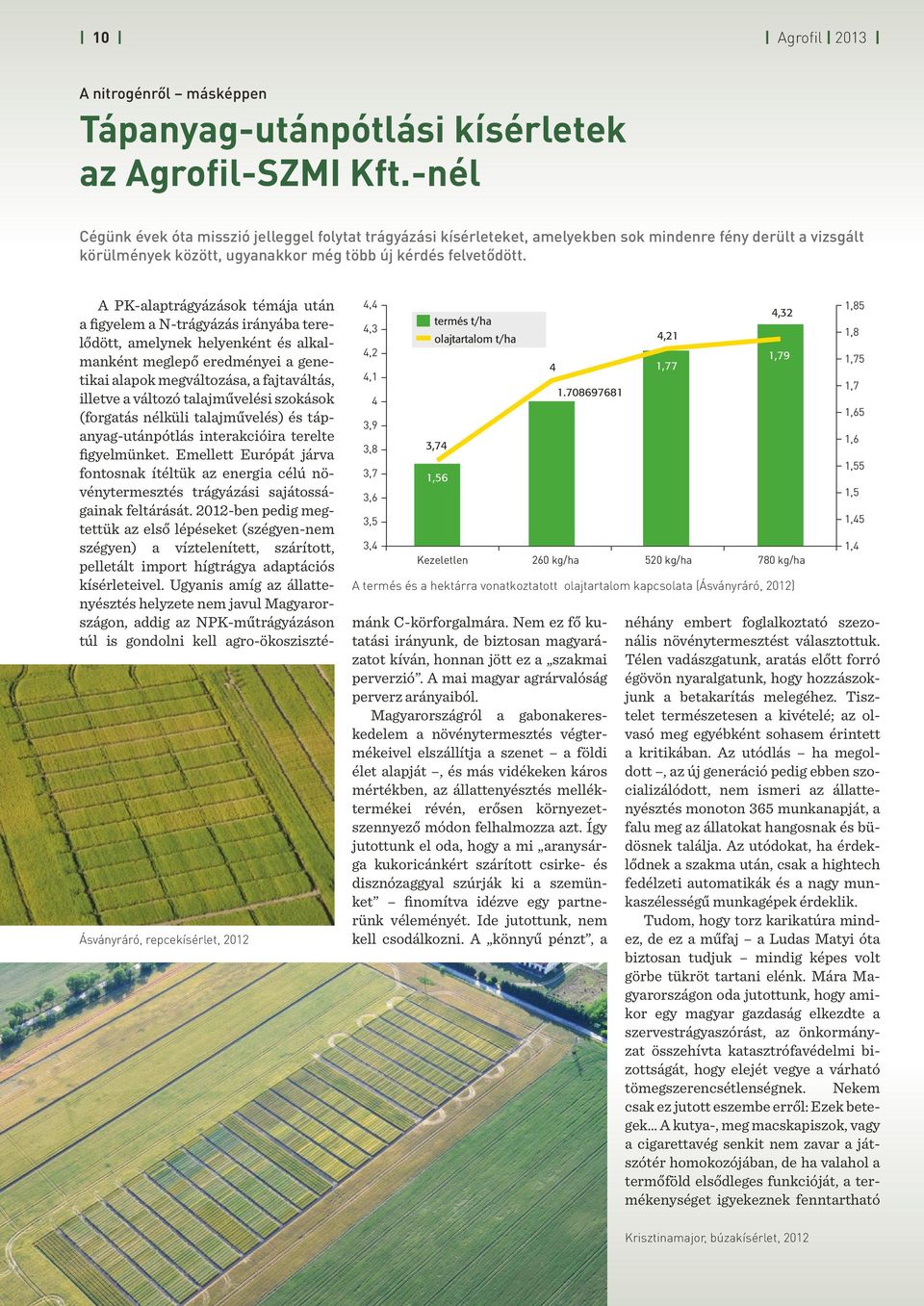 Ásványráró, repcekísérlet, 2012 4,4 4,3 4,2 4,1 4 3,9 3,8 3,7 3,6 3,5 3,4 termés t/ha olajtartalom t/ha 3,74 1,56 A PK-alaptrágyázások témája után a figyelem a N-trágyázás irányába terelődött,