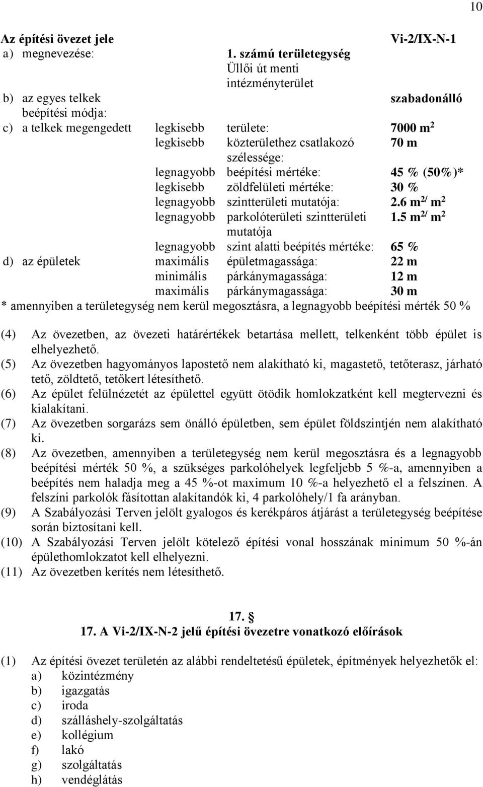 szélessége: legnagyobb beépítési mértéke: 45 % (50%)* legkisebb zöldfelületi mértéke: 30 % legnagyobb szintterületi mutatója: 2.6 m 2/ m 2 legnagyobb parkolóterületi szintterületi 1.