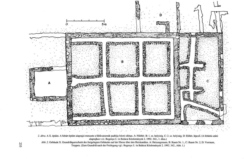 ) Abb. 2. Gebäude X. Grundrißquerschnitt des freigelegten Gebäudes auf der Ebene über den Heizkanälen. A: Heizungsraum, B: Raum Nr.