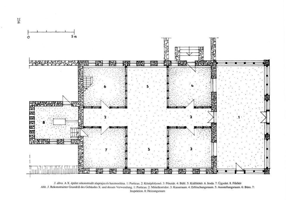 3. Rekonstruirter Grundriß des Gebäudes X. und dessen Verwendung. 1 : Porticus.