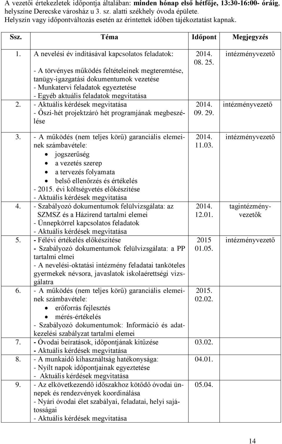 A nevelési év indításával kapcsolatos feladatok: - A törvényes működés feltételeinek megteremtése, tanügy-igazgatási dokumentumok vezetése - Munkatervi feladatok egyeztetése - Egyéb aktuális