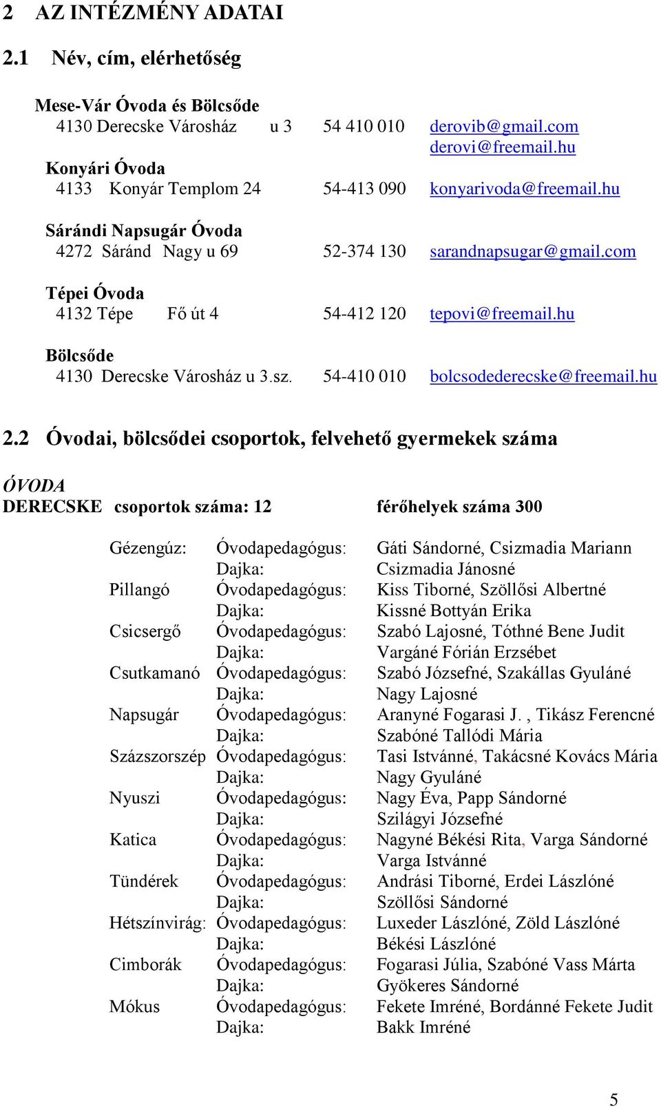 com Tépei Óvoda 4132 Tépe Fő út 4 54-412 120 tepovi@freemail.hu Bölcsőde 4130 Derecske Városház u 3.sz. 54-410 010 bolcsodederecske@freemail.hu 2.