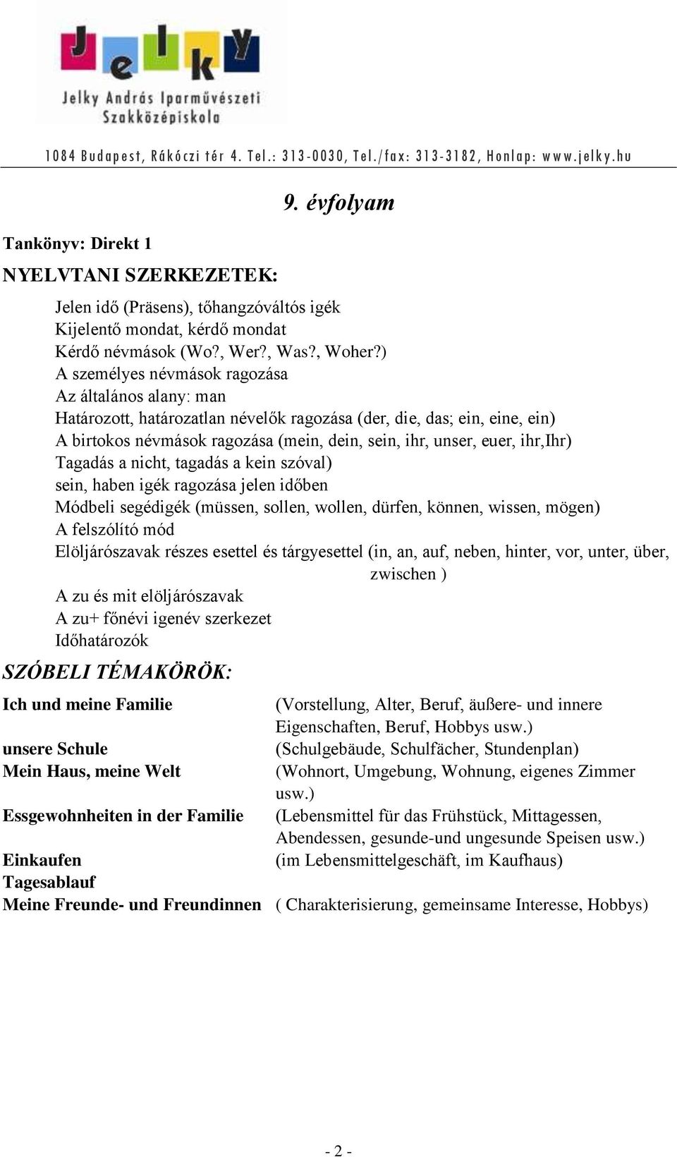 ihr,ihr) Tagadás a nicht, tagadás a kein szóval) sein, haben igék ragozása jelen időben Módbeli segédigék (müssen, sollen, wollen, dürfen, können, wissen, mögen) A felszólító mód Elöljárószavak