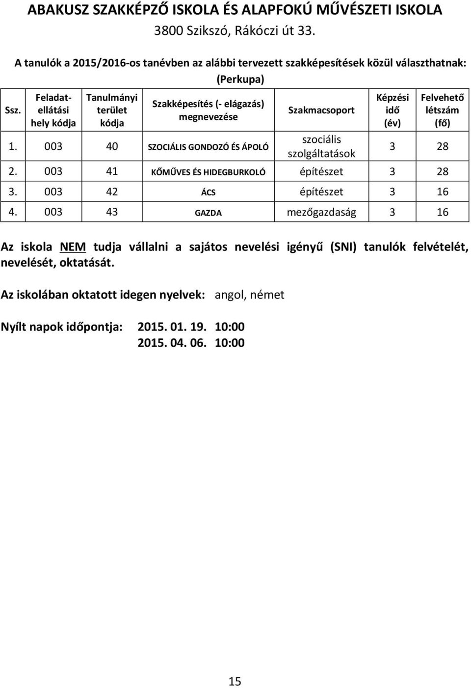 003 40 SZOCIÁLIS GONDOZÓ ÉS ÁPOLÓ Szakmacsoport szociális szolgáltatások Képzési idő (év) Felvehető létszám (fő) 3 28 2.