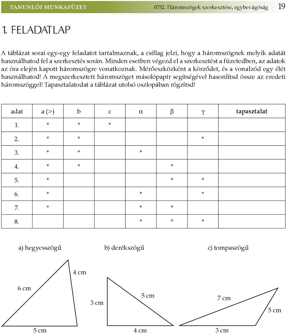 Minden esetben végezd el a szerkesztést a füzetedben, az adatok az óra elején kapott háromszögre vonatkoznak. Mérőeszközként a körződet, és a vonalzód egy élét használhatod!