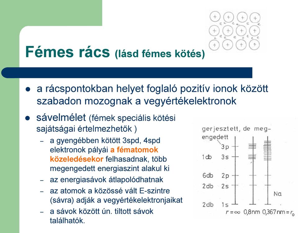 elektronok pályái a fématomok közeledésekor felhasadnak, több megengedett energiaszint alakul ki az energiasávok