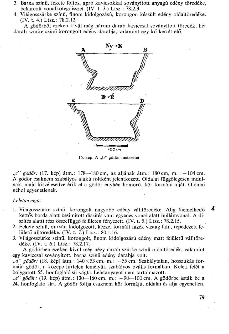 A gödörből ezeken kívül még három darab kaviccsal soványított töredék, hét darab szürke színű korongolt edény darabja, valamint egy kő került elő. 16. kép. A b" gödör metszetei,,c" gödör: (17.